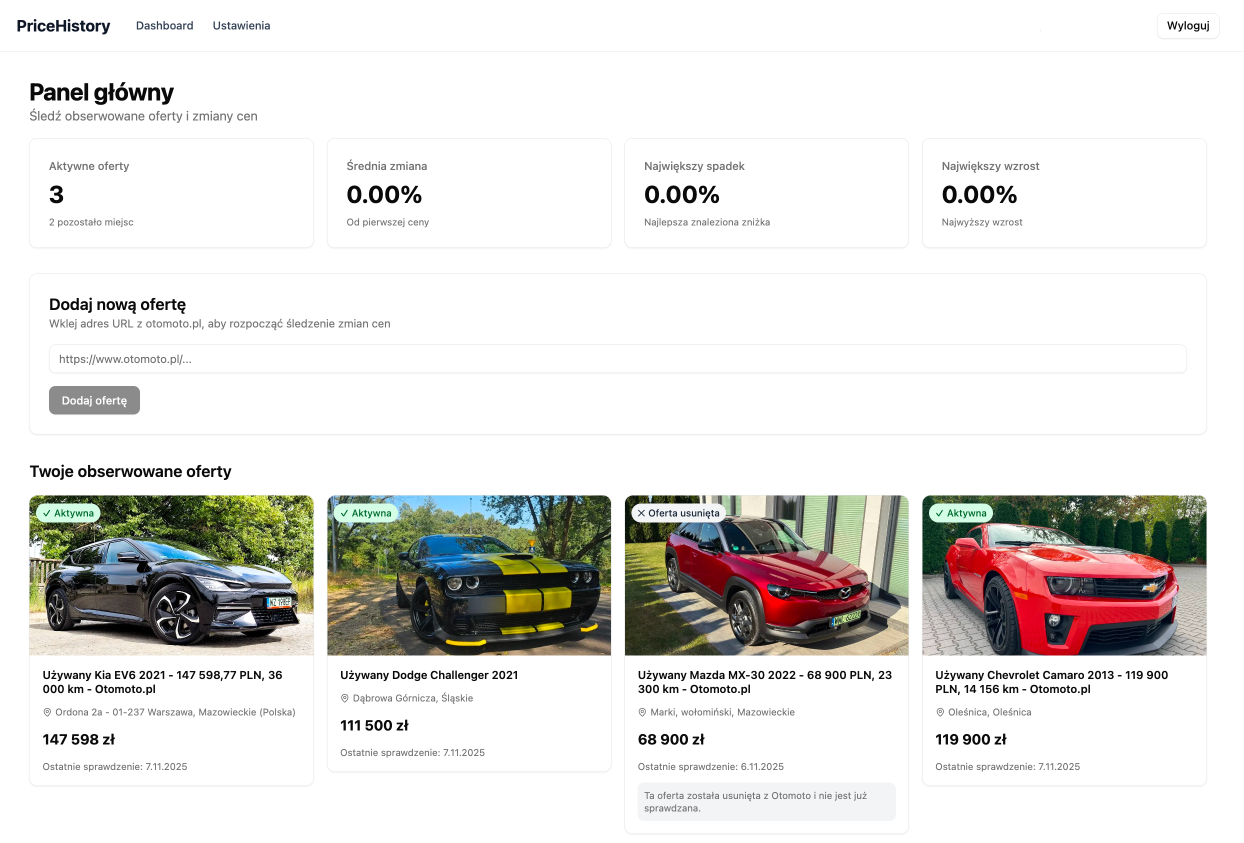 Zrzut ekranu dashboardu PriceHistory